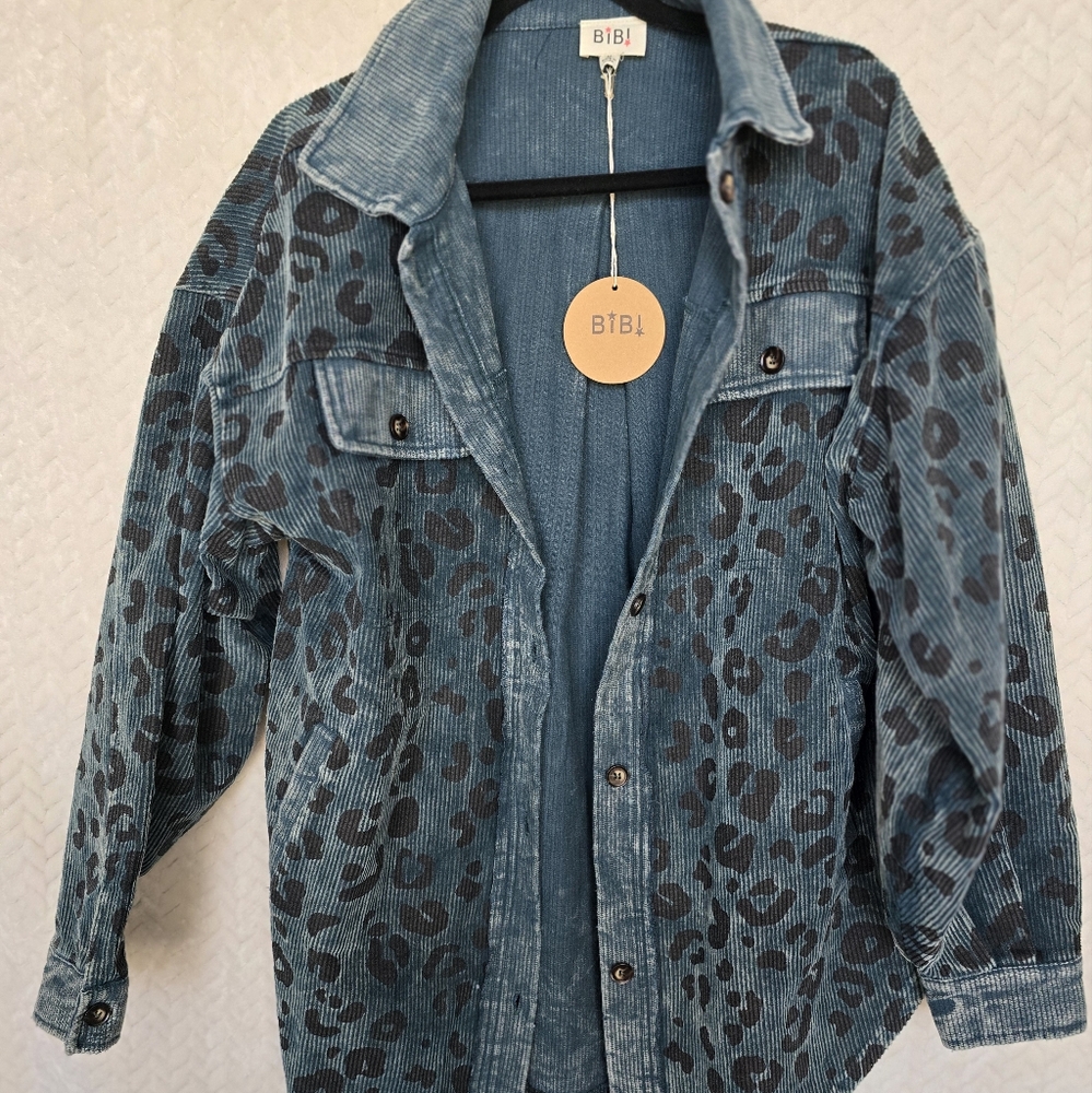 Bibi Blue Leopard Print Corduroy Shacket